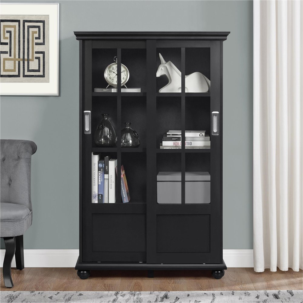 112590136 Aaron Lane Black Bookcase with Sliding Glass Doors sku 112590136