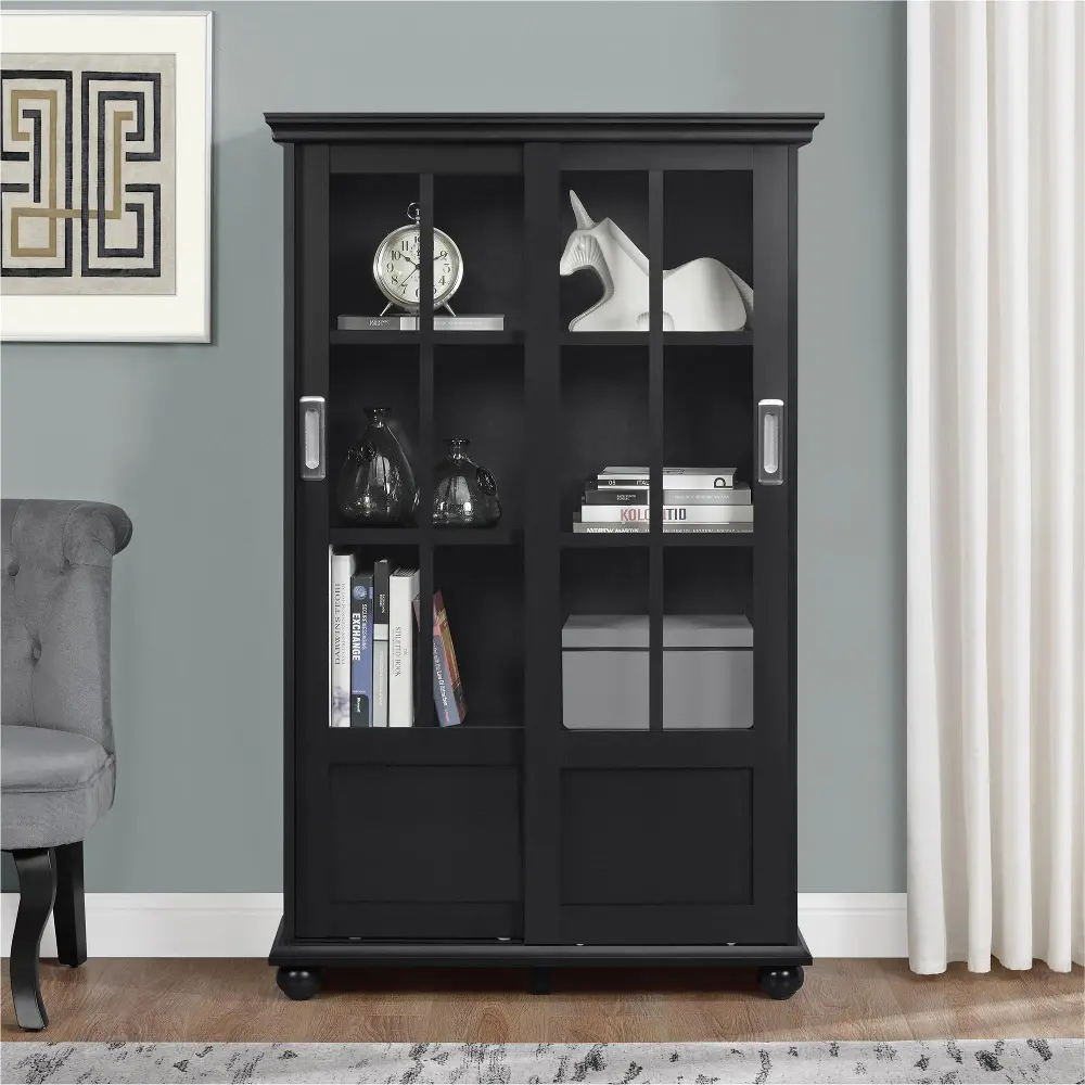 Aaron Lane Black Bookcase with Sliding Glass Doors | RC Willey