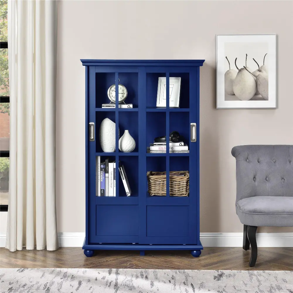 Aaron Lane Blue Bookcase with Sliding Glass Doors-1