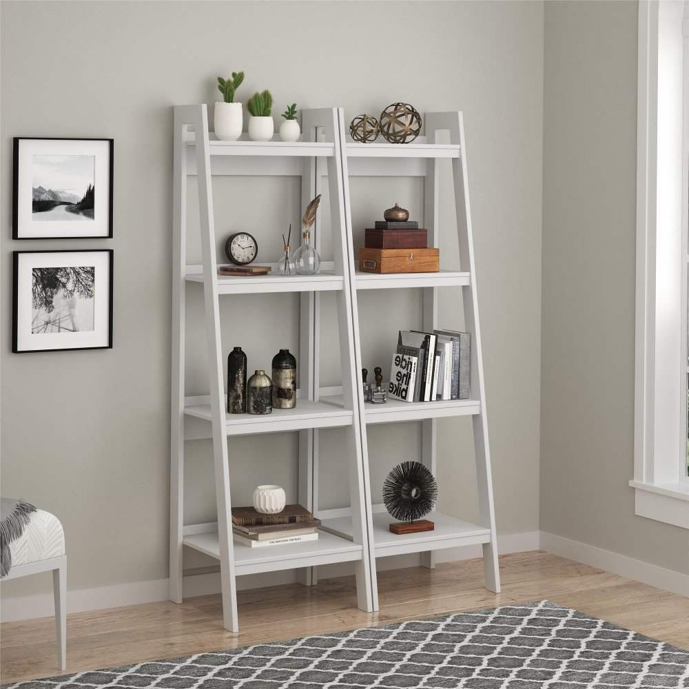 Lawrence White 4-Shelf Ladder Bookcases, Set of 2