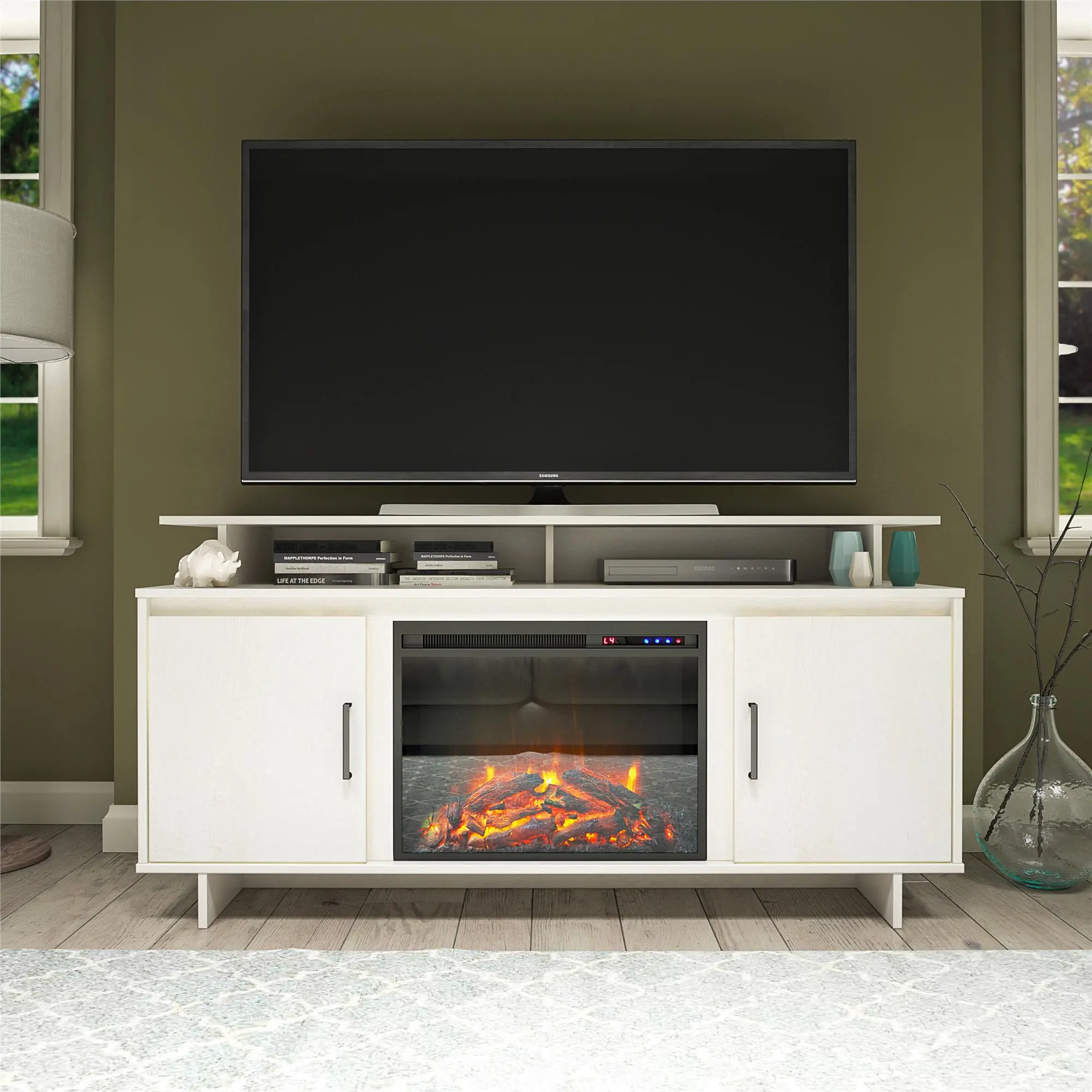 Merritt Avenue Transitional Ivory Oak Electric Fireplace TV Stand...