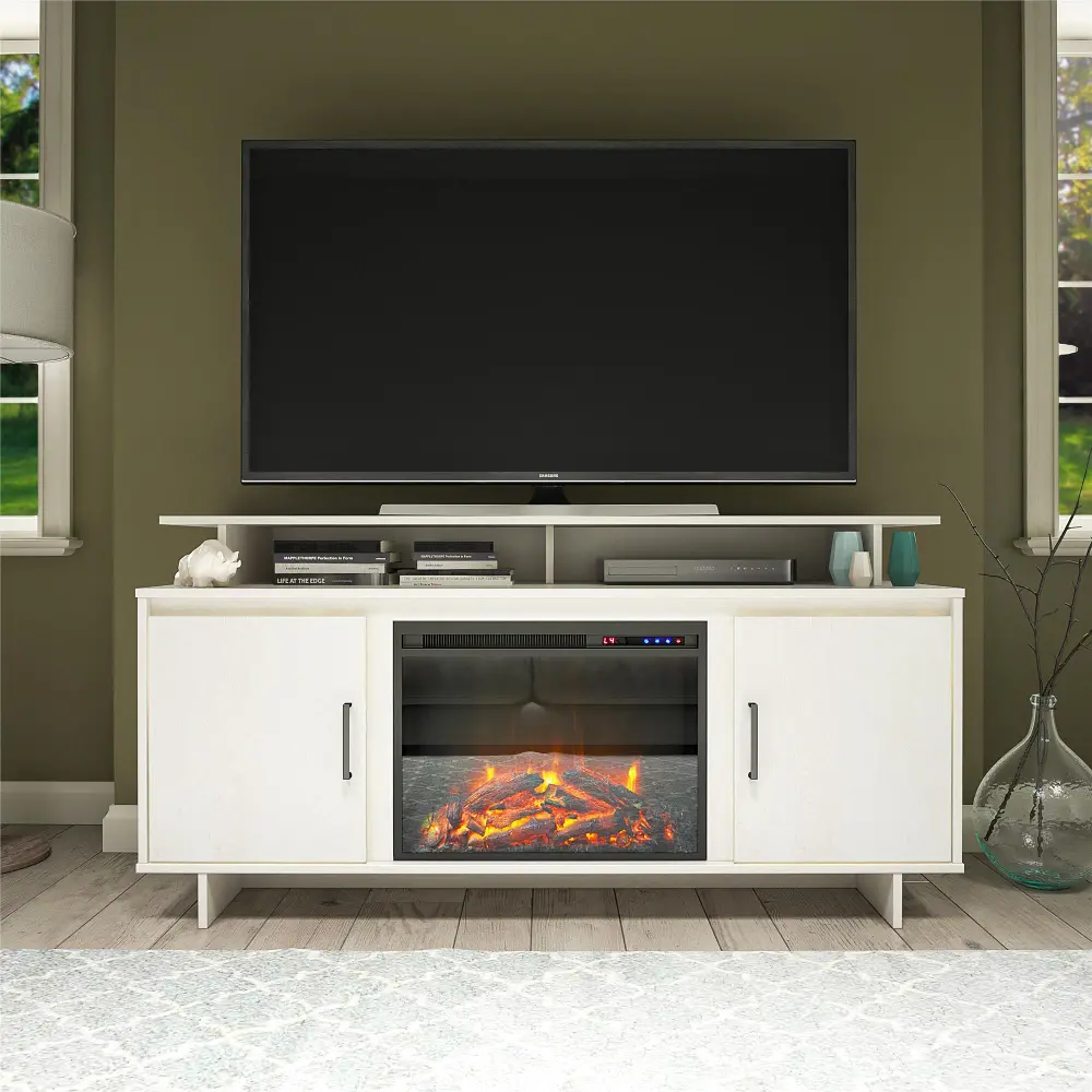 Merritt Avenue Transitional Ivory Oak Electric Fireplace TV Stand with Storage Cabinets-1