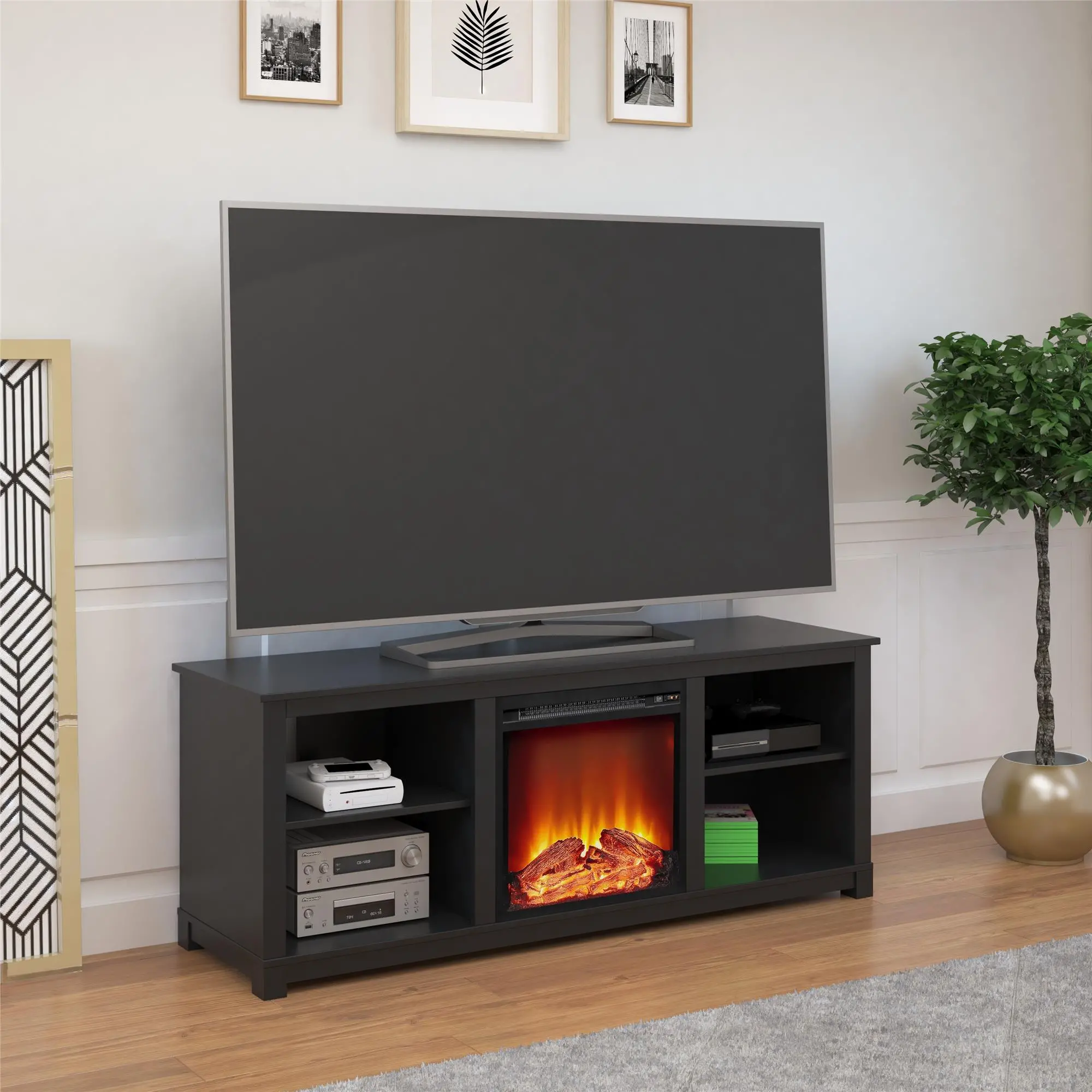 Edgewood Transitional Black TV Console with Fireplace
