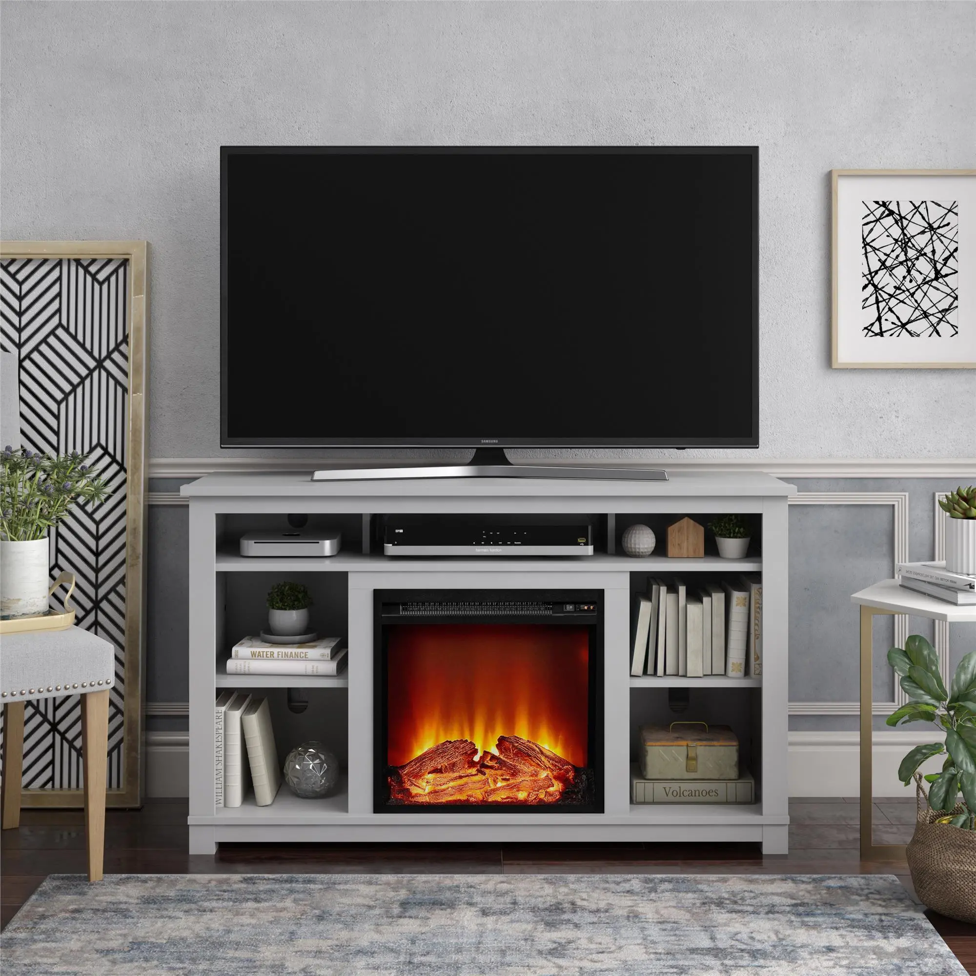 Edgewood Transitional Dove Gray TV Console with Fireplace