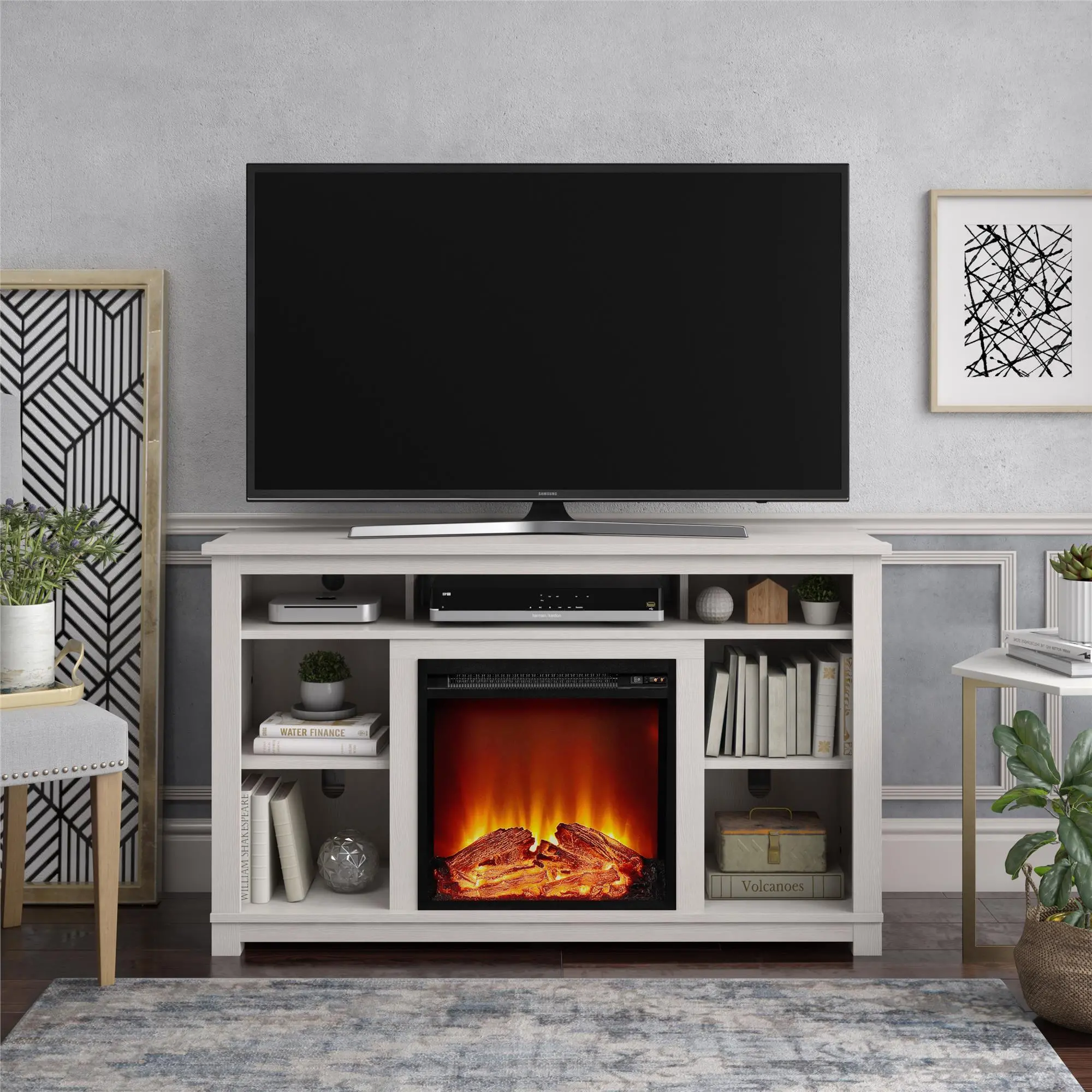 Edgewood Transitional Ivory Pine TV Console with Fireplace