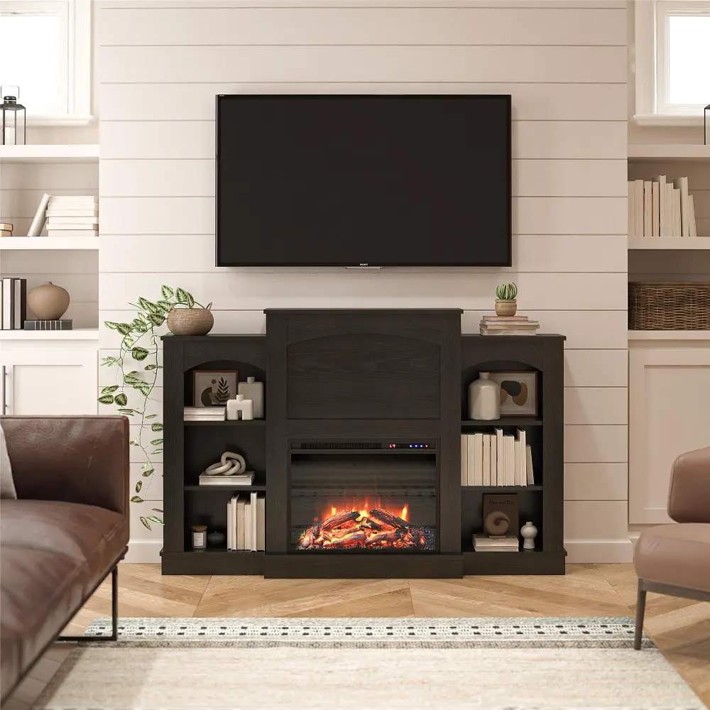 Hawke's Bay Farmhouse Black Oak Fireplace Mantel with Bookshelves-1