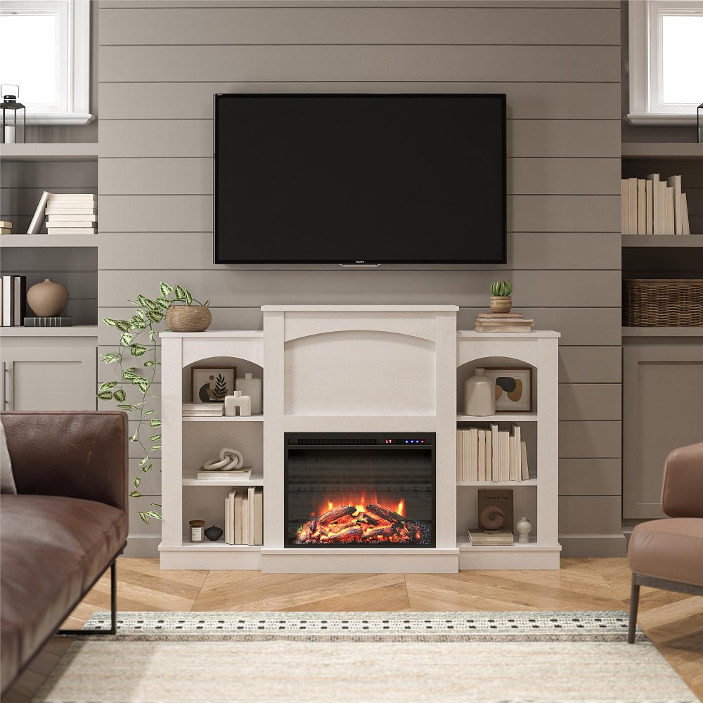 Hawkes Bay Farmhouse Ivory Oak Fireplace Mantel with Bookshelves