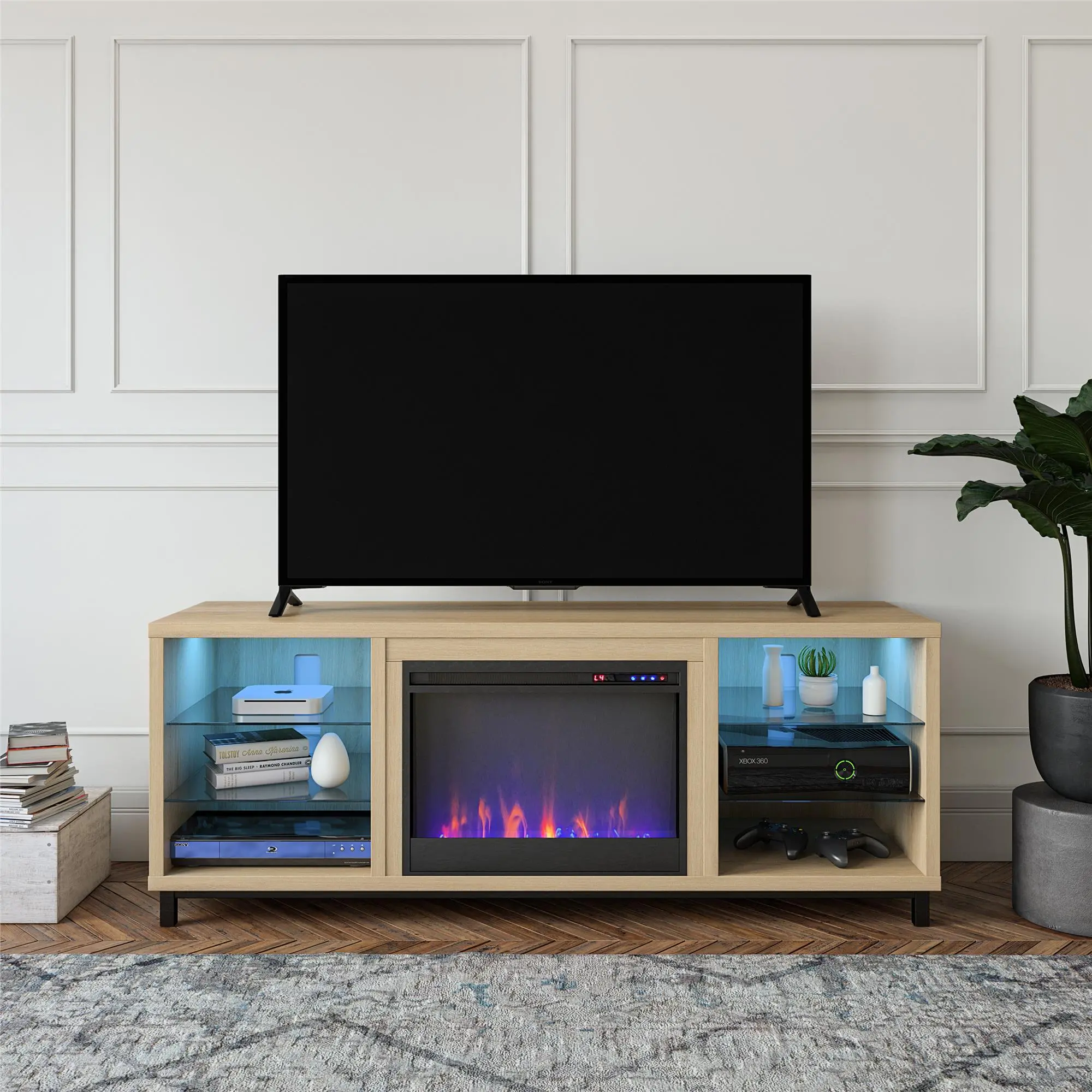 Lumina Modern Blonde Oak Deluxe Fireplace TV Stand