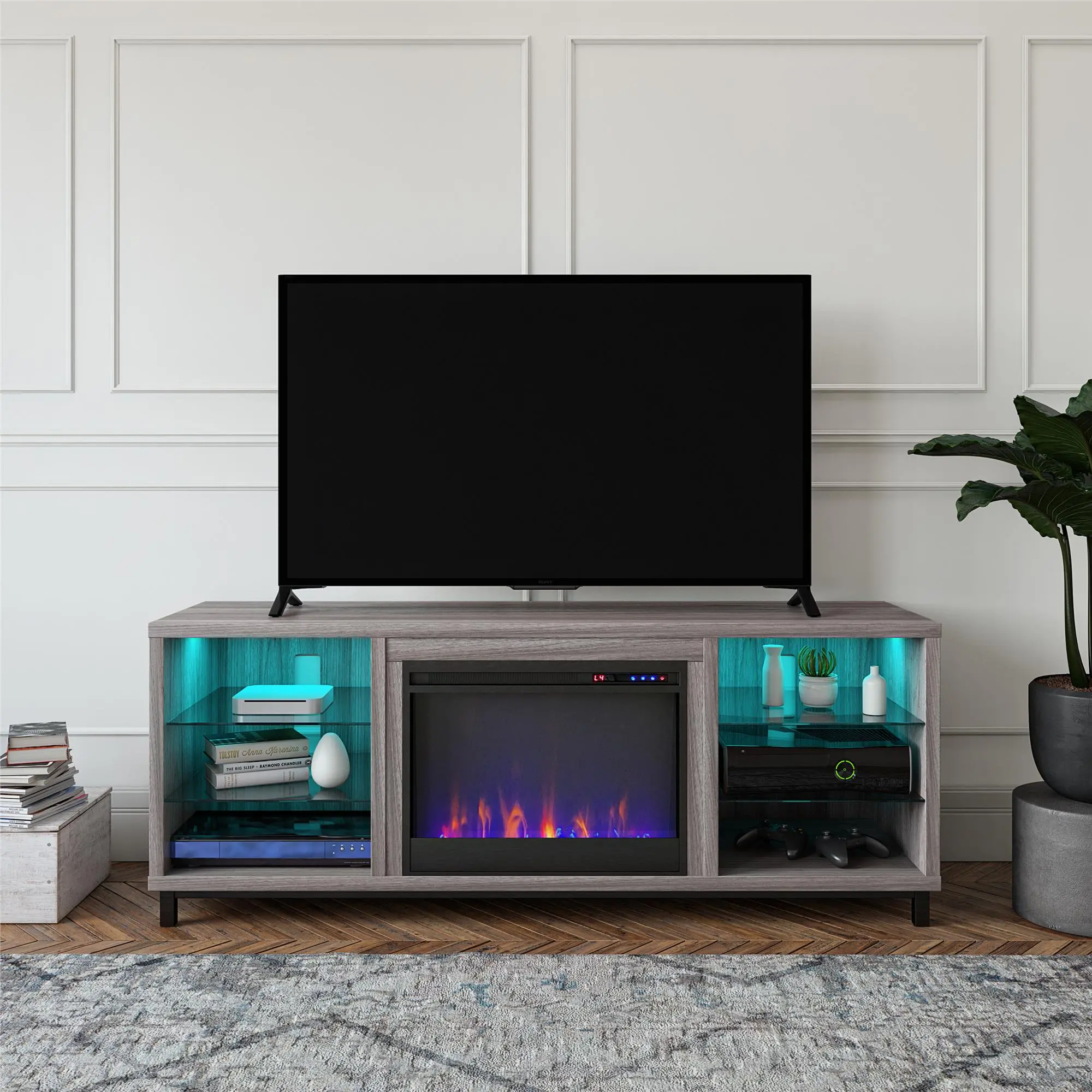 Lumina Modern Light Walnut Deluxe Fireplace TV Stand