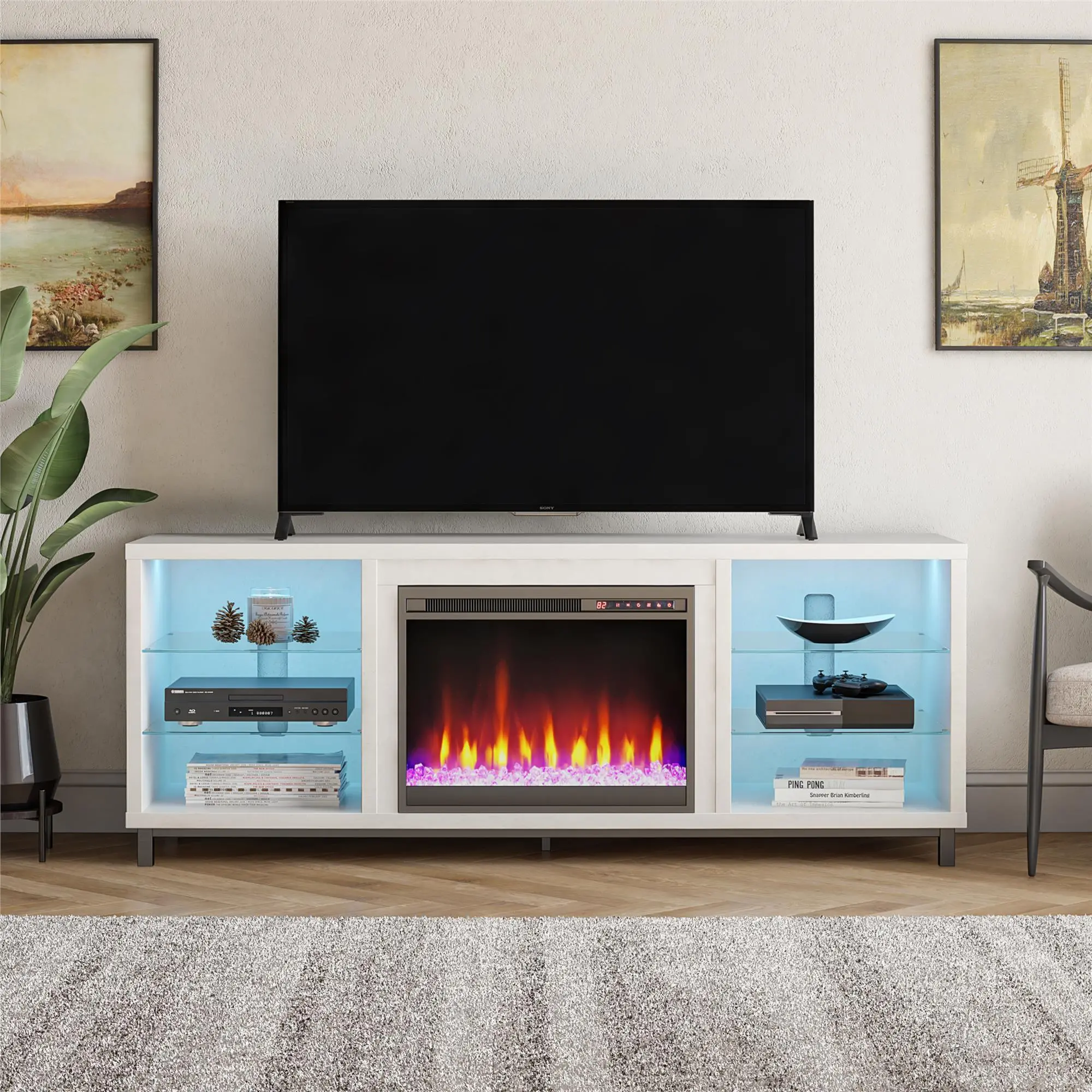 1822920COM Lumina Modern White Plaster Deluxe Fireplace TV St sku 1822920COM