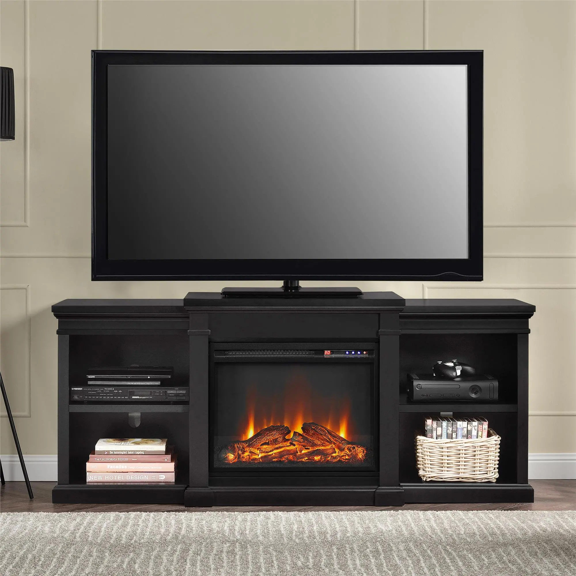 Manchester Transitional Black Electric Fireplace TV Stand