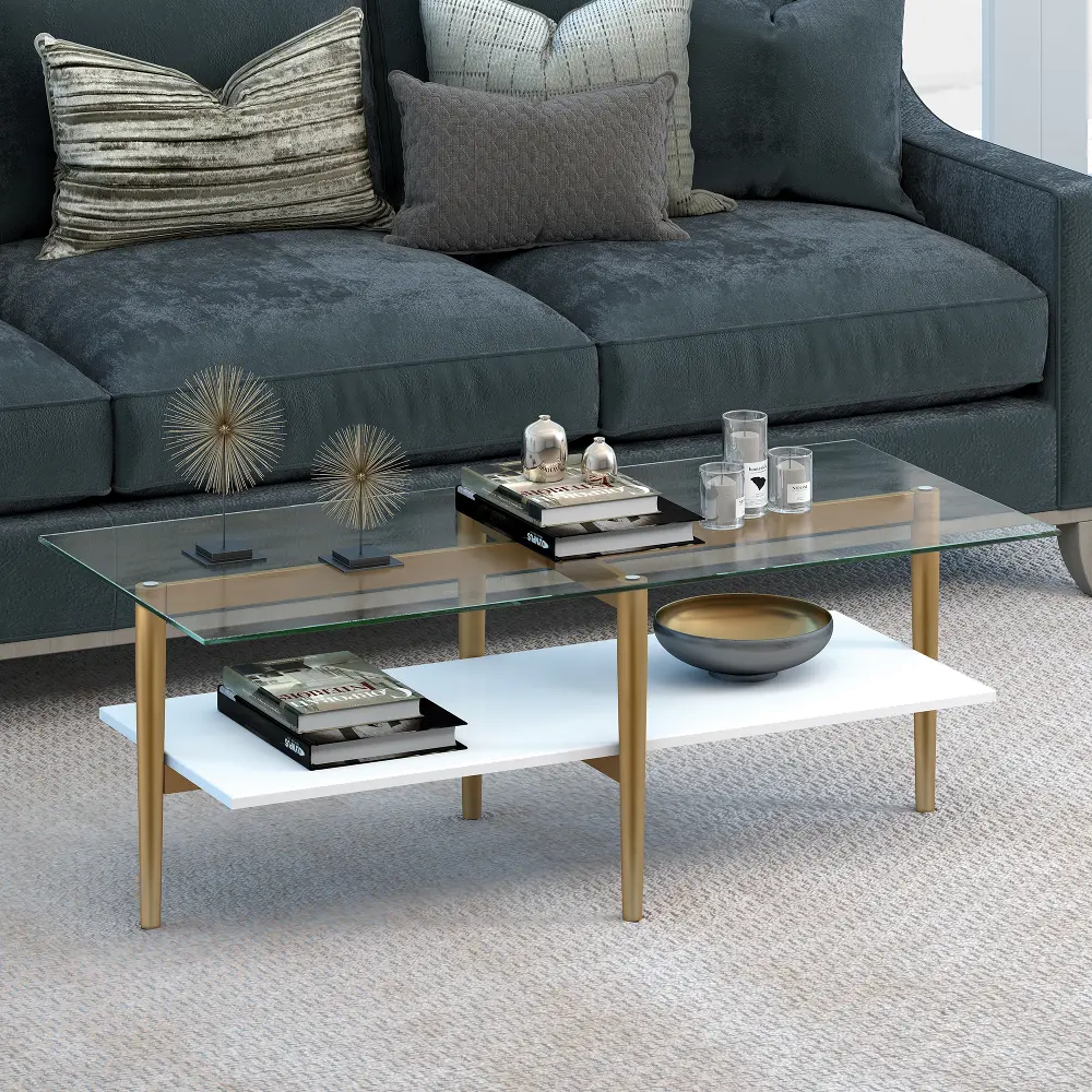 Otto Brass Finish Coffee Table with White Lacquer Shelf-1