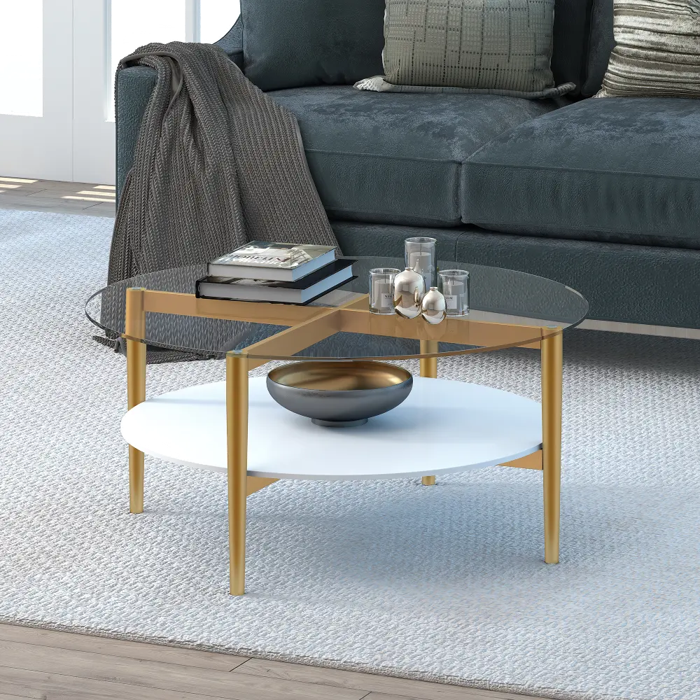 Otto Brass Finish Round Coffee Table with White Lacquer Shelf-1