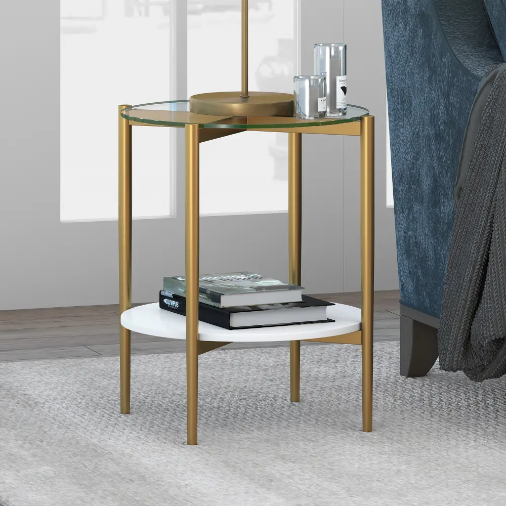 Otto Brass Finish Side Table with White Lacquer Shelf-1