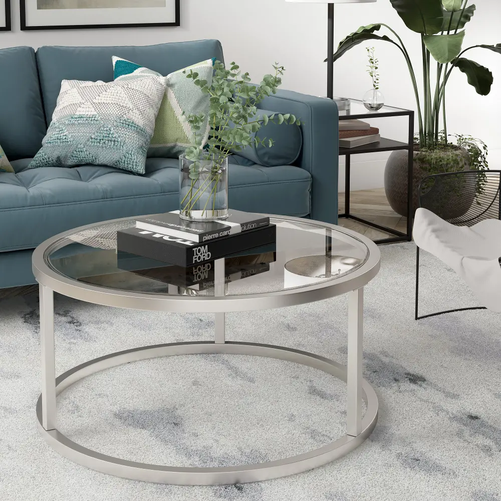 Parker Satin Nickel Round Clear Glass Coffee Table-1