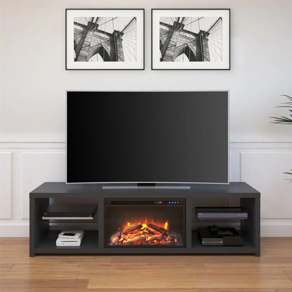 Harrison Black 70  TV Stand with Fireplace-1
