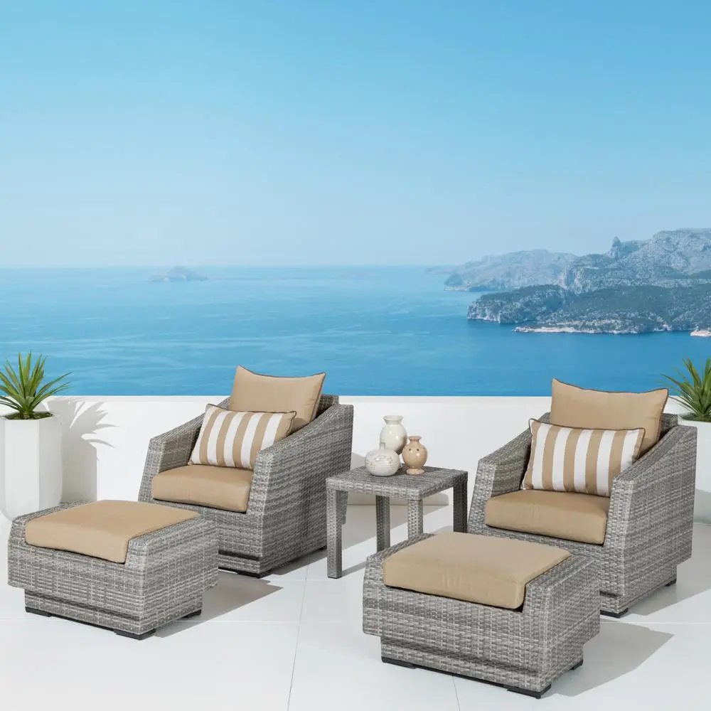 Cannes Beige 5 Piece Club Chairs with Ottomans Patio Set-1