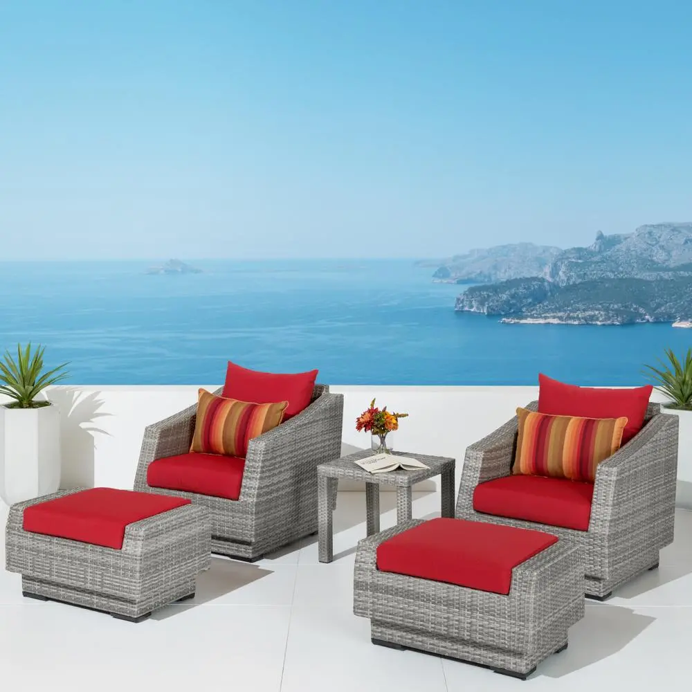 Cannes Red 5 Piece Club Chairs with Ottomans Patio Set-1