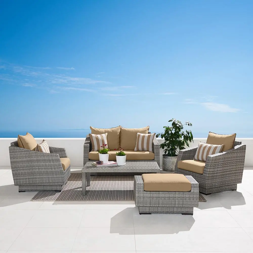 Cannes Beige 5 Piece Loveseat with Club Chairs Patio Set-1