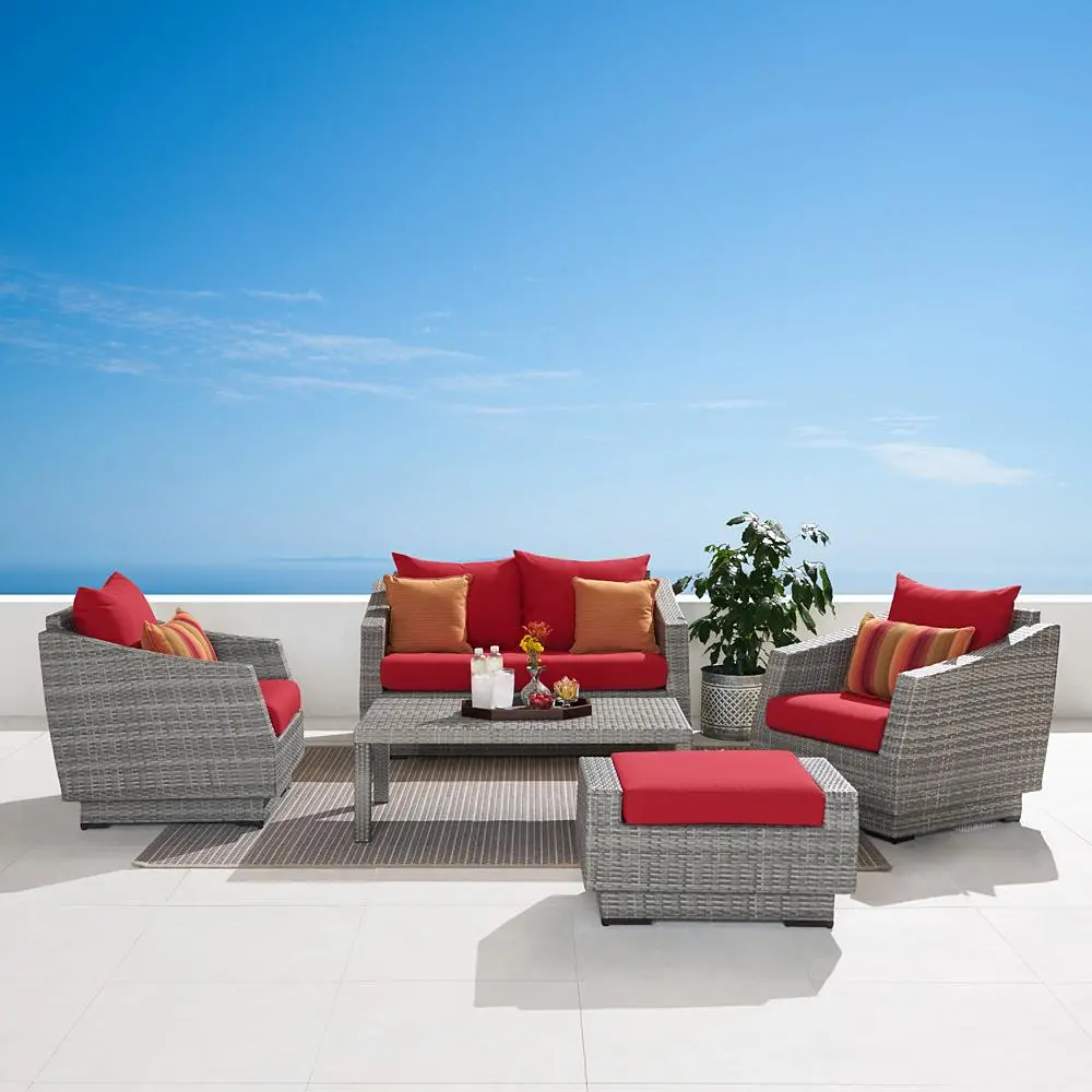 Cannes Red 5 Piece Loveseat with Club Chairs Patio Set-1