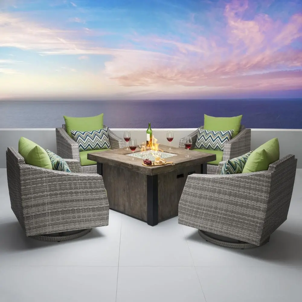 Cannes Green 5 Piece Motion Club Chairs with Fire Table Patio Set-1