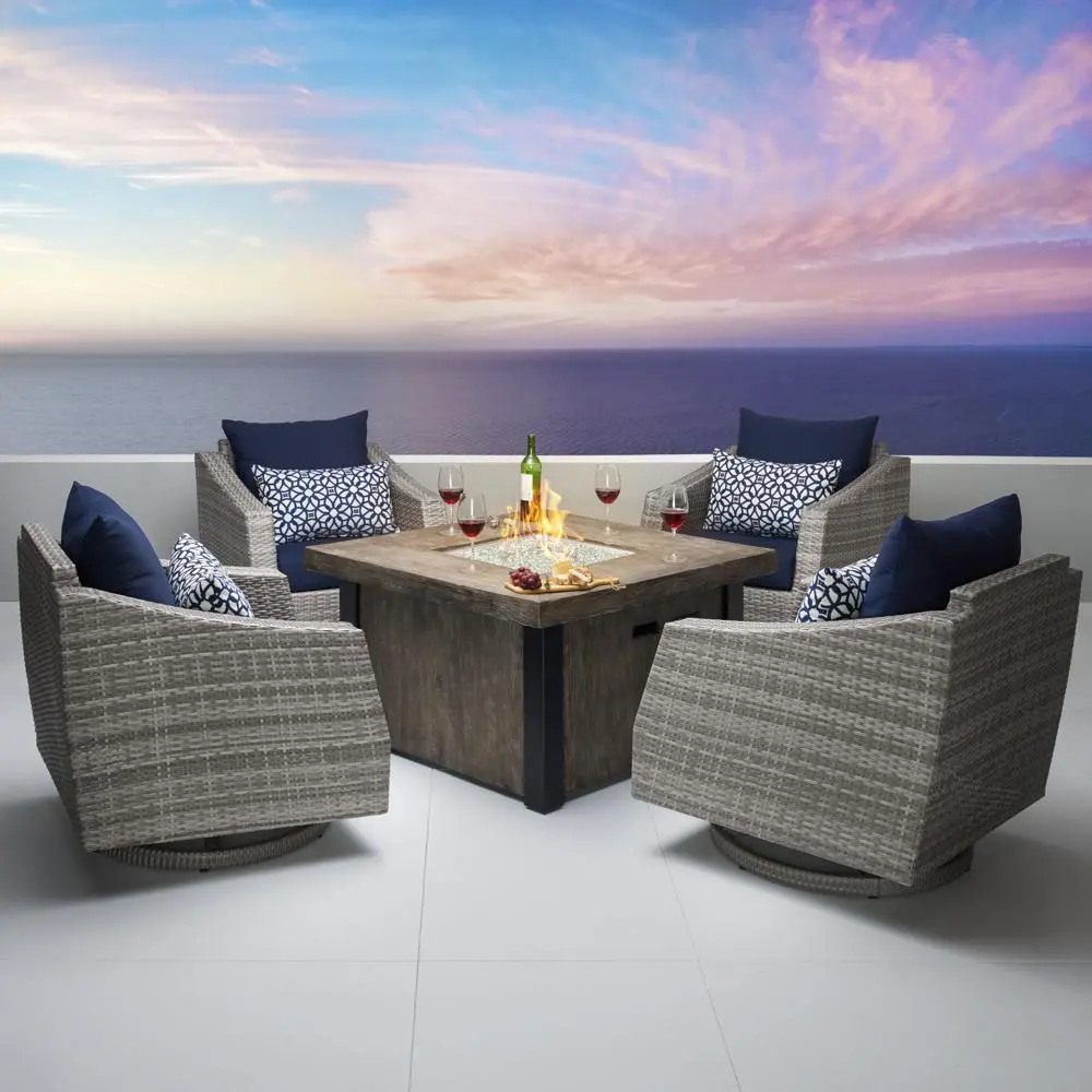 Cannes Navy 5 Piece Motion Club Chairs with Fire Table Patio Set-1
