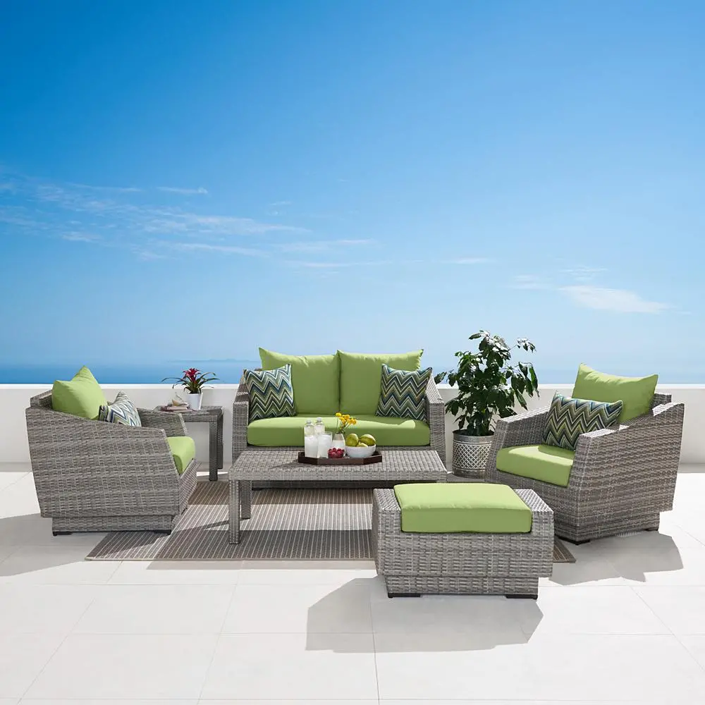 Cannes Green 6 Piece Loveseat with Club Chairs and Ottoman Patio Set-1