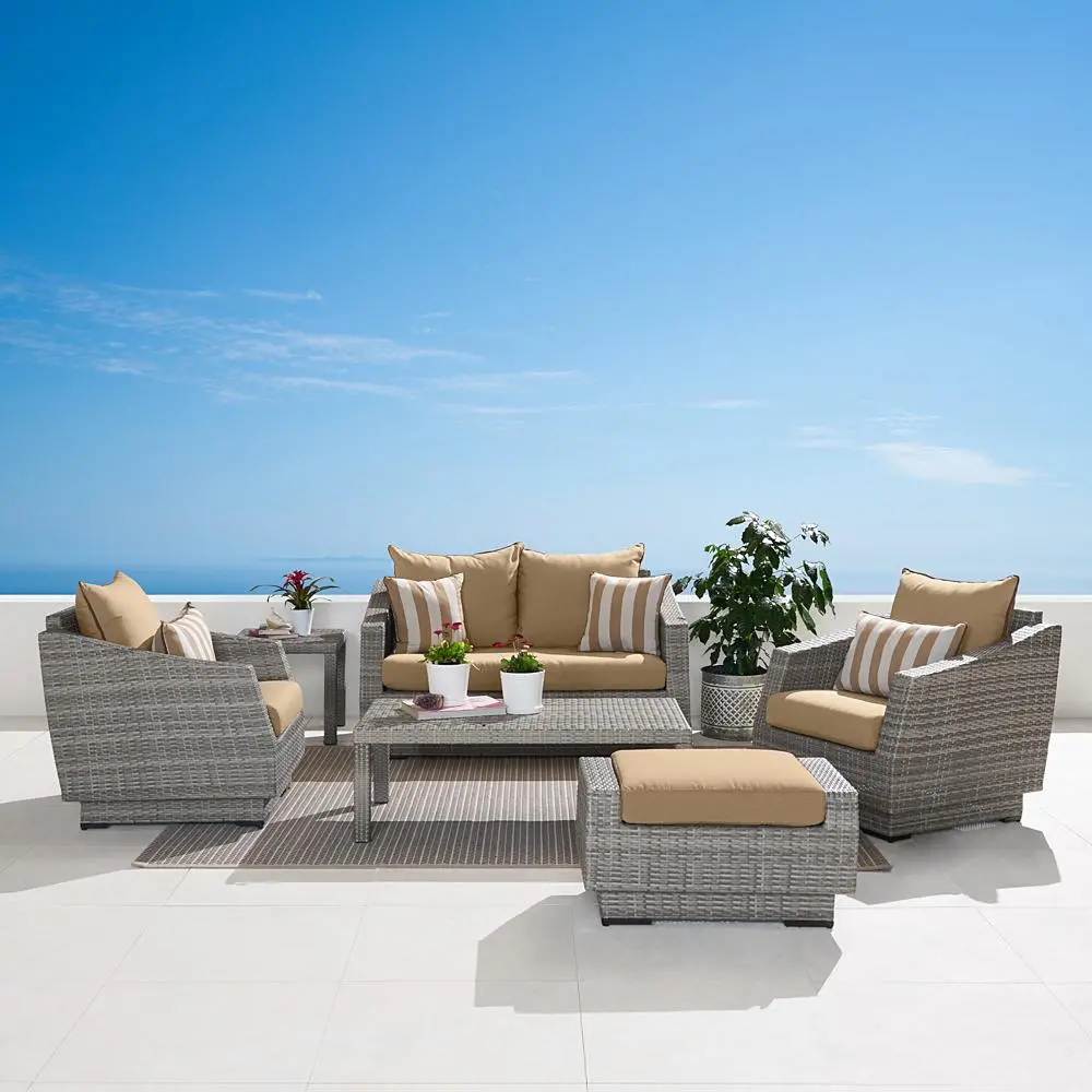 Cannes Beige 6 Piece Loveseat with Club Chairs and Ottoman Patio Set-1