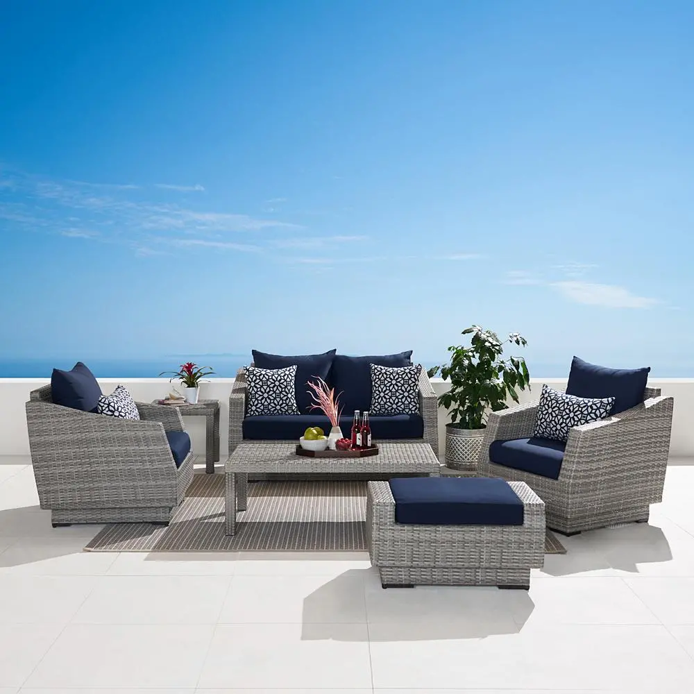 Cannes Navy 6 Piece Loveseat with Club Chairs and Ottoman Patio Set-1