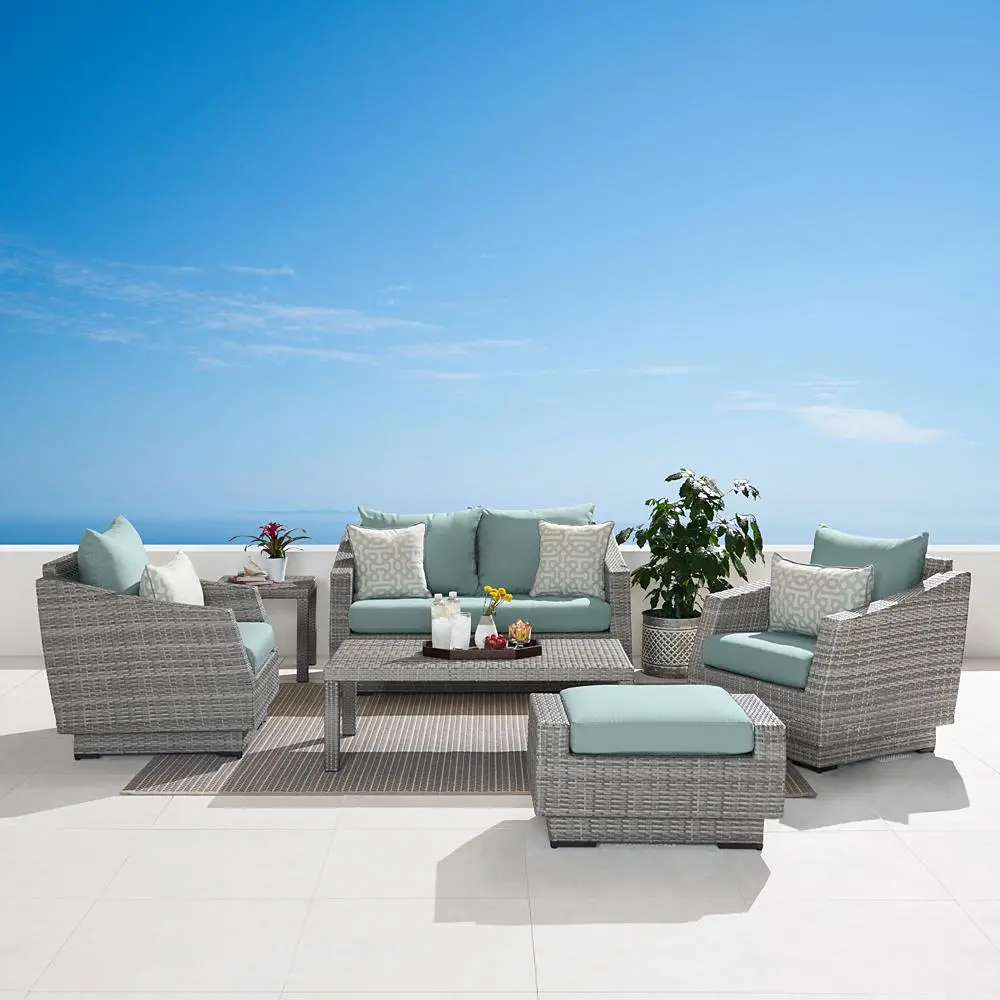 Cannes Light Blue 6 Piece Loveseat with Club Chairs and Ottoman Patio Set-1