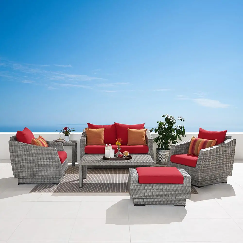Cannes Red 6 Piece Loveseat with Club Chairs and Ottoman Patio Set-1