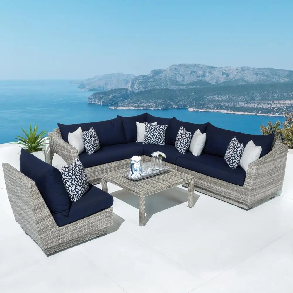 Cannes Navy 6 Piece Sectional and Coffee Table Patio Set-1