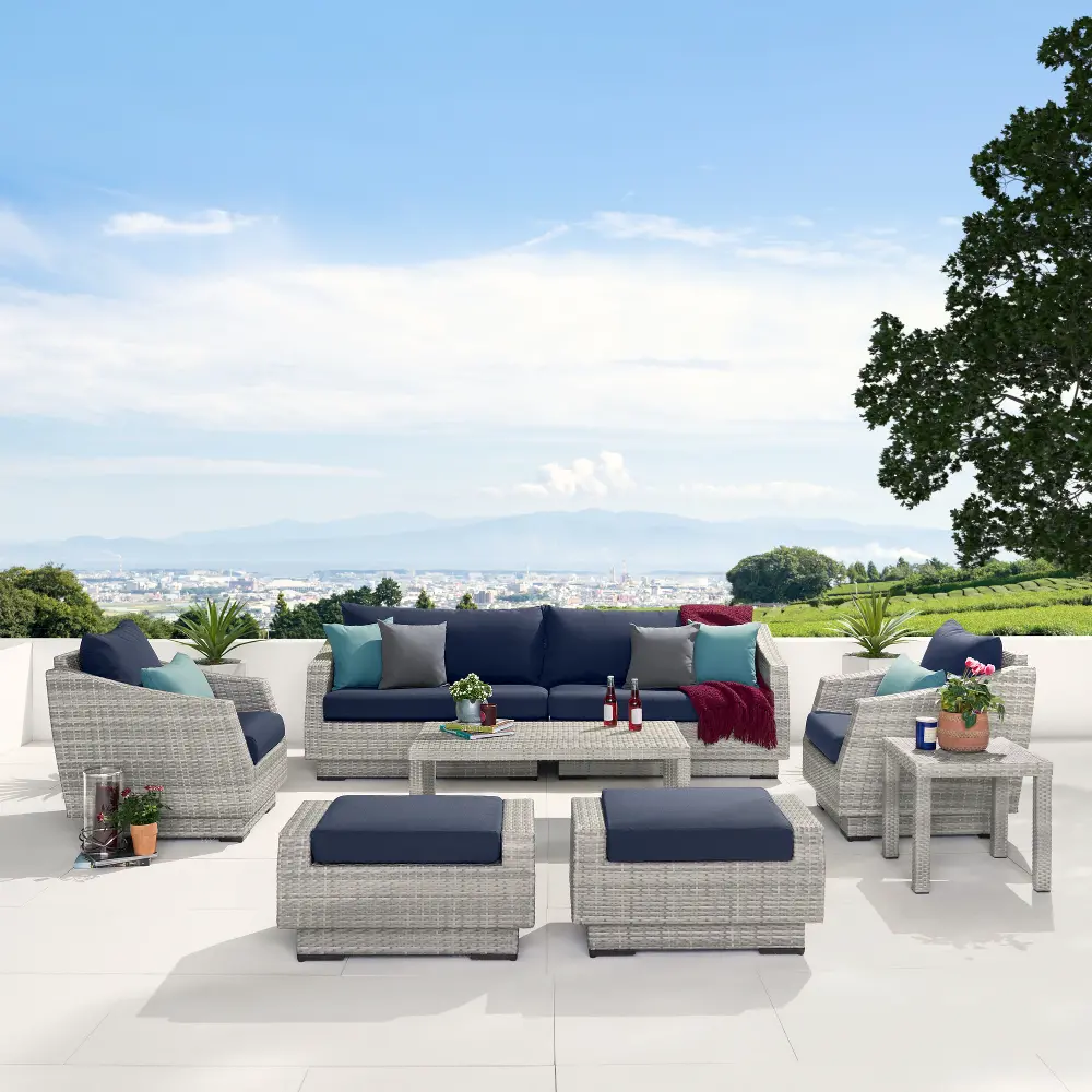 Cannes Blue 8 Piece Sofa with Club Chairs and Ottomans Patio Set-1
