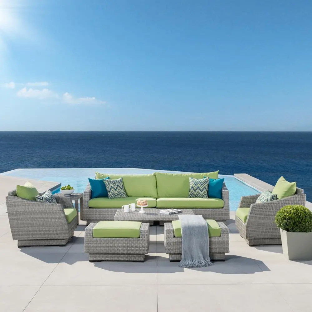 Cannes Green 8 Piece Sofa with Club Chairs and Ottomans Patio Set-1