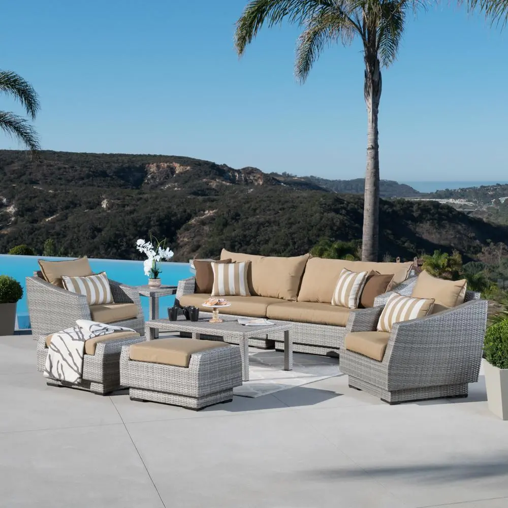 Cannes Beige 8 Piece Sofa with Club Chairs and Ottomans Patio Set-1