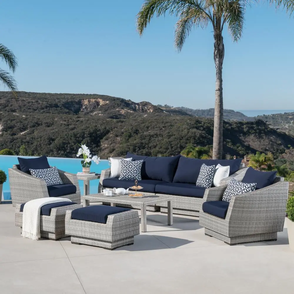Cannes Navy 8 Piece Sofa with Club Chairs and Ottomans Patio Set-1
