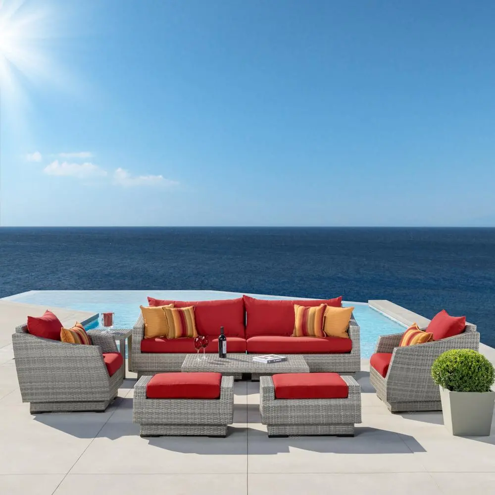 Cannes Red 8 Piece Sofa with Club Chairs and Ottomans Patio Set-1