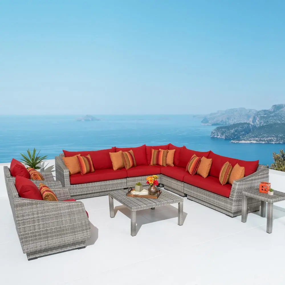 Cannes Red 9 Piece Sectional and Club Chairs Patio Set-1