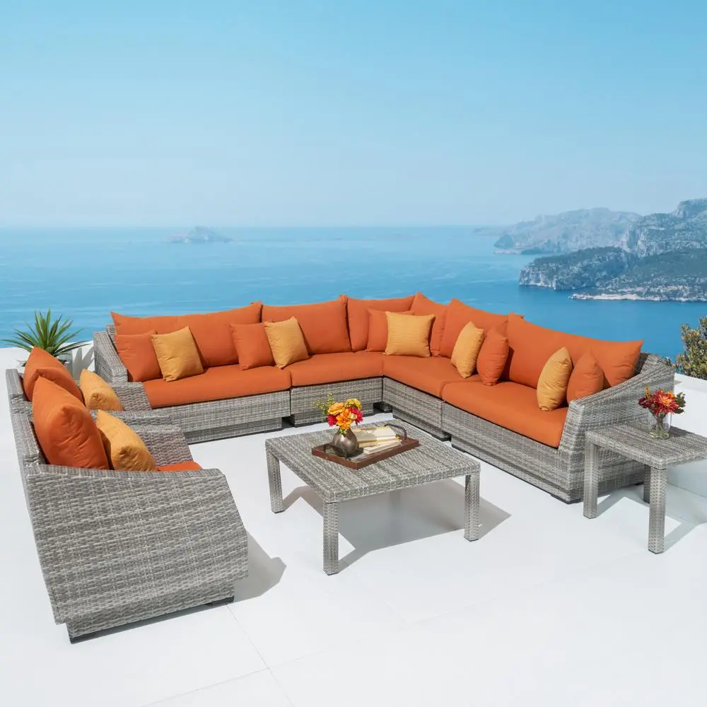 Cannes Orange 9 Piece Sectional and Club Chairs Patio Set-1