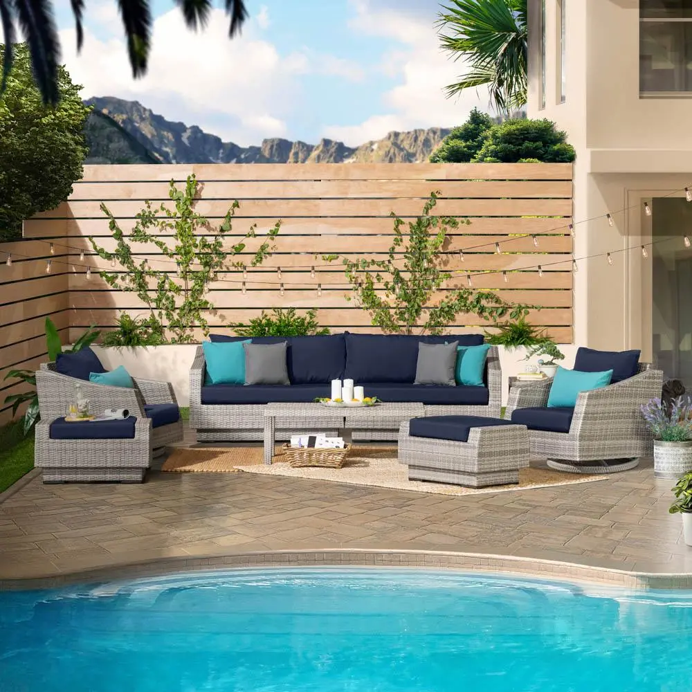 Cannes Blue 8 Piece Sofa with Motion Club Chairs and Ottomans Patio Set-1