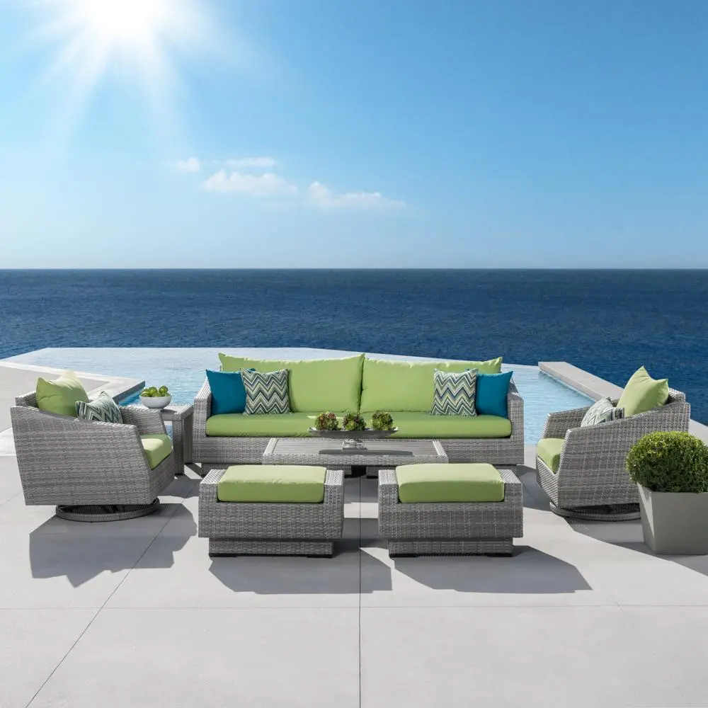 Cannes Green 8 Piece Sofa with Motion Club Chairs and Ottomans Patio Set-1