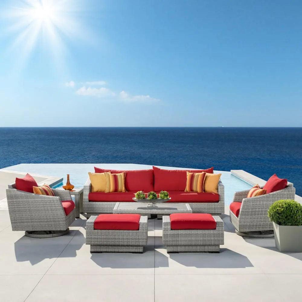 Cannes Red 8 Piece Sofa with Motion Club Chairs and Ottomans Patio Set-1