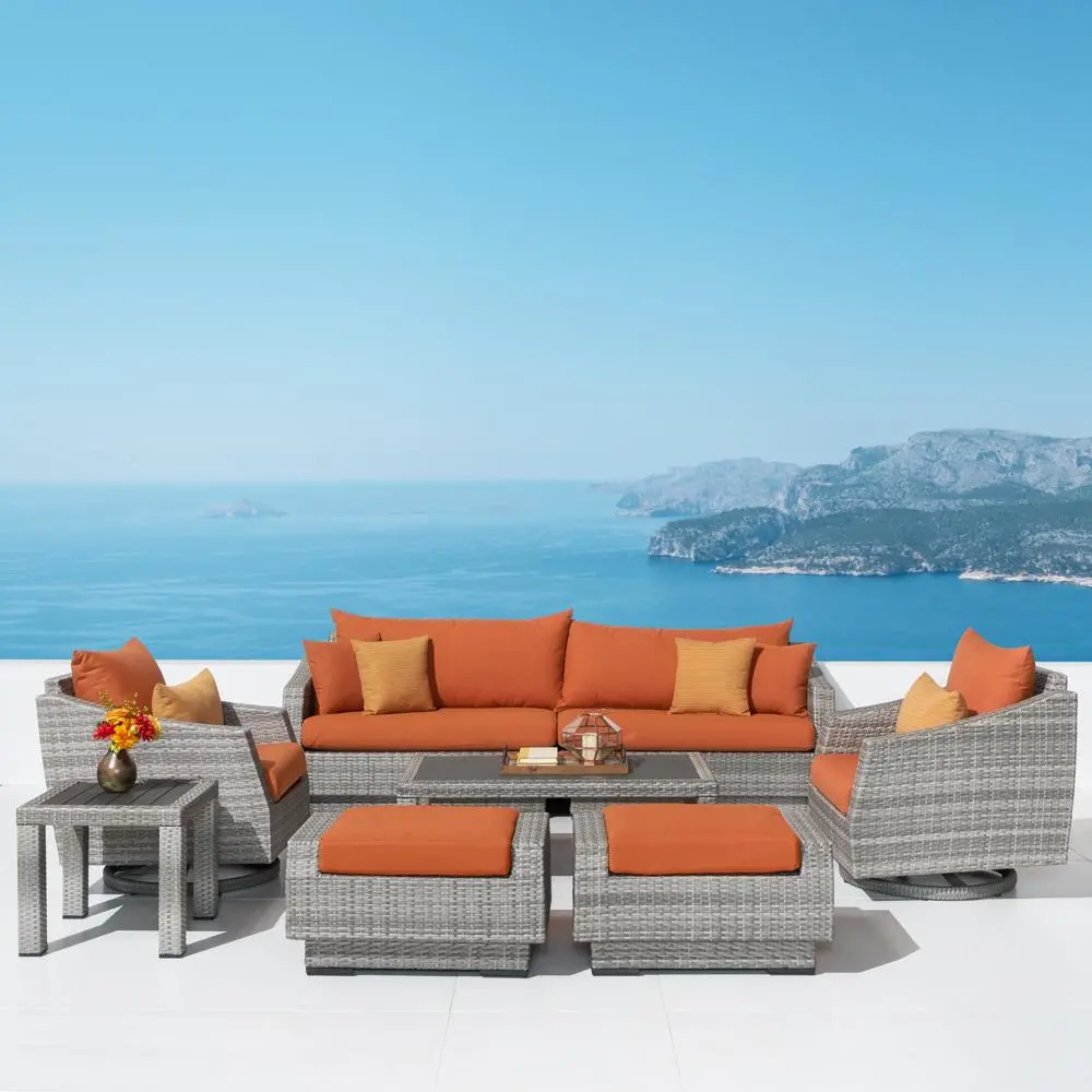 Cannes Orange 8 Piece Sofa with Motion Club Chairs and Ottomans Patio Set-1