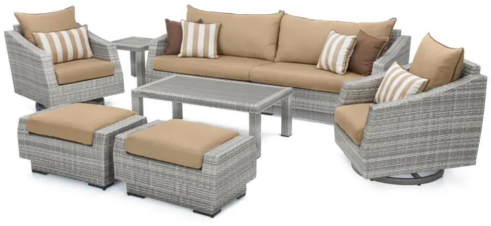 Cannes Beige 8 Piece Sofa with Motion Club Chairs and Ottomans Patio Set-1