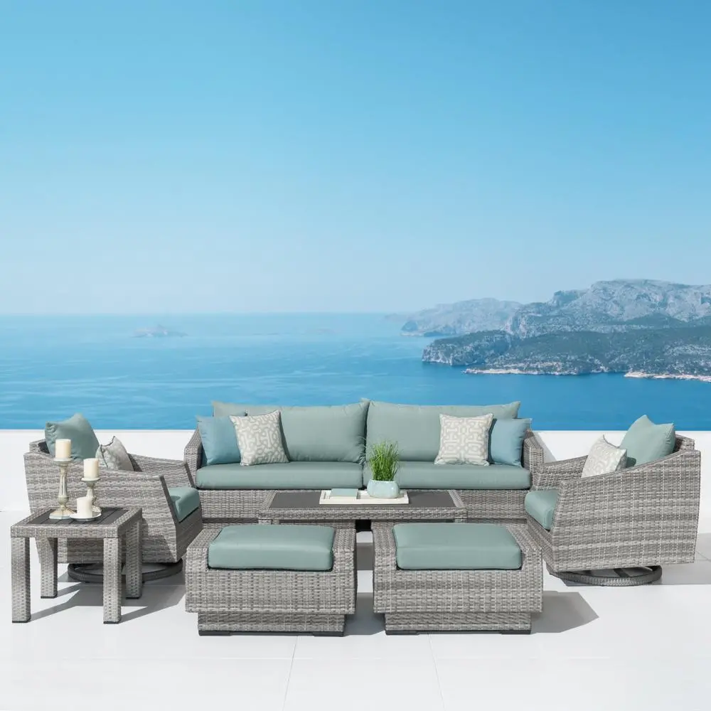 Cannes Light Blue 8 Piece Sofa with Motion Club Chairs and Ottomans Patio Set-1