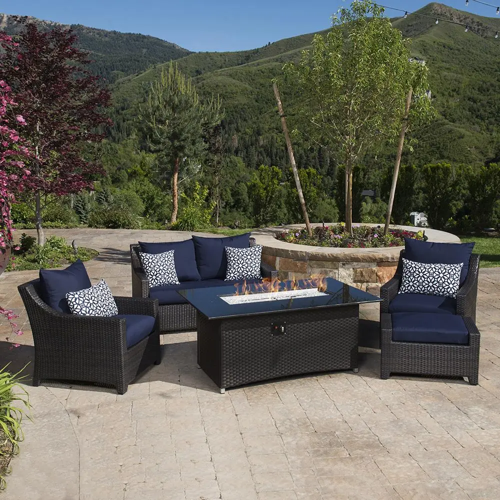 Deco Navy 5 Piece Loveseat with Club Chairs and Fire Table Patio Set-1