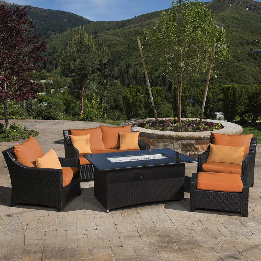 Deco Orange 5 Piece Loveseat with Club Chairs and Fire Table Patio Set-1