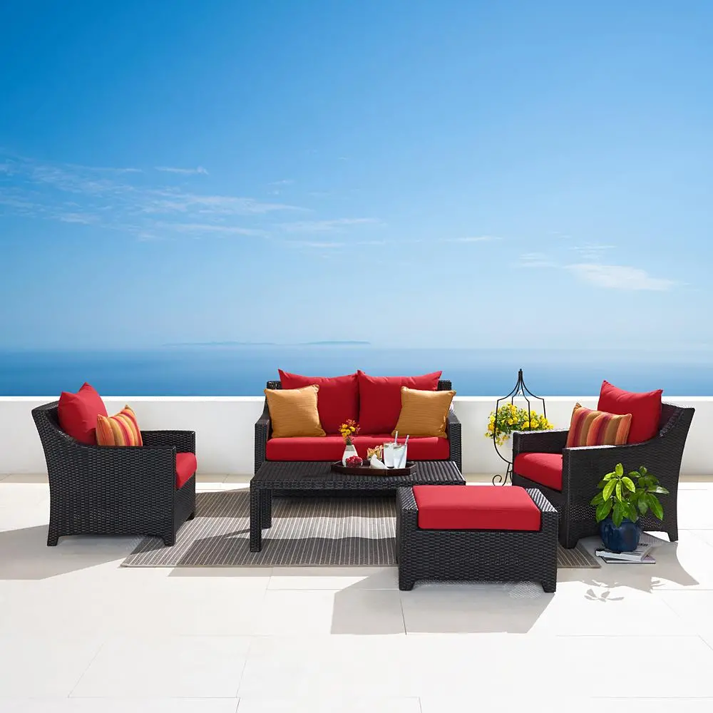 Deco Red 5 Piece Loveseat with Club Chairs and Ottoman Patio Set-1