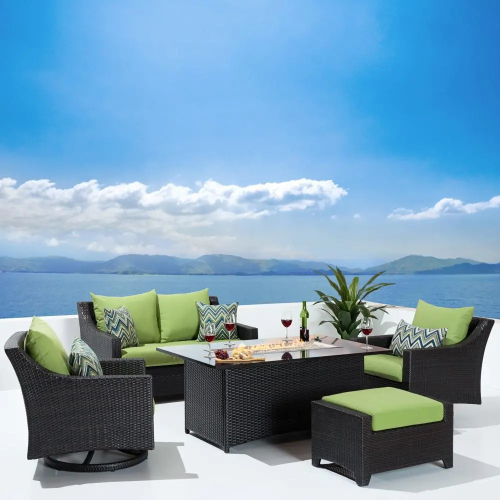 Deco Green 5 Piece Loveseat with Motion Club Chairs and Fire Table Patio Set-1
