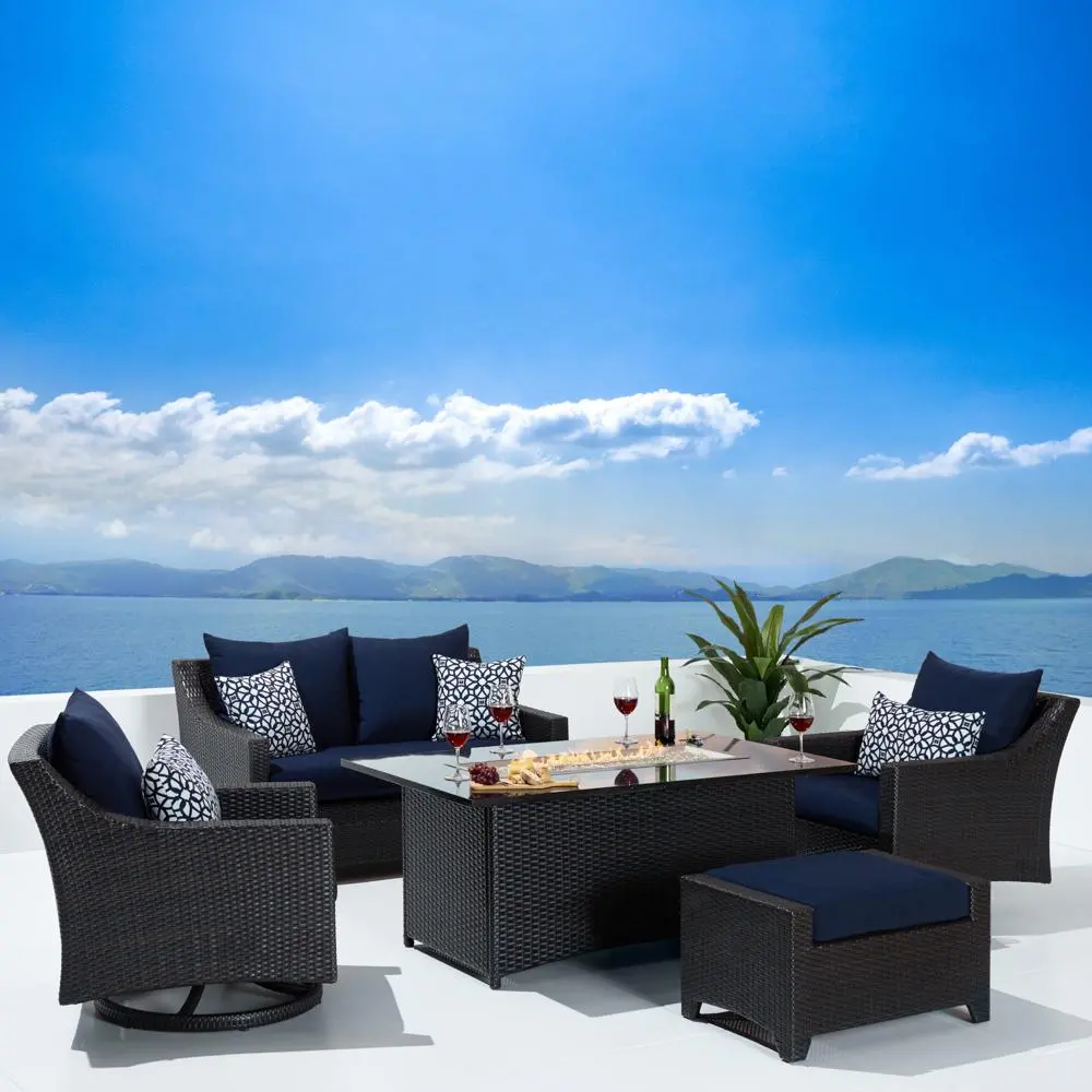 Deco Navy 5 Piece Loveseat with Motion Club Chairs and Fire Table Patio Set-1